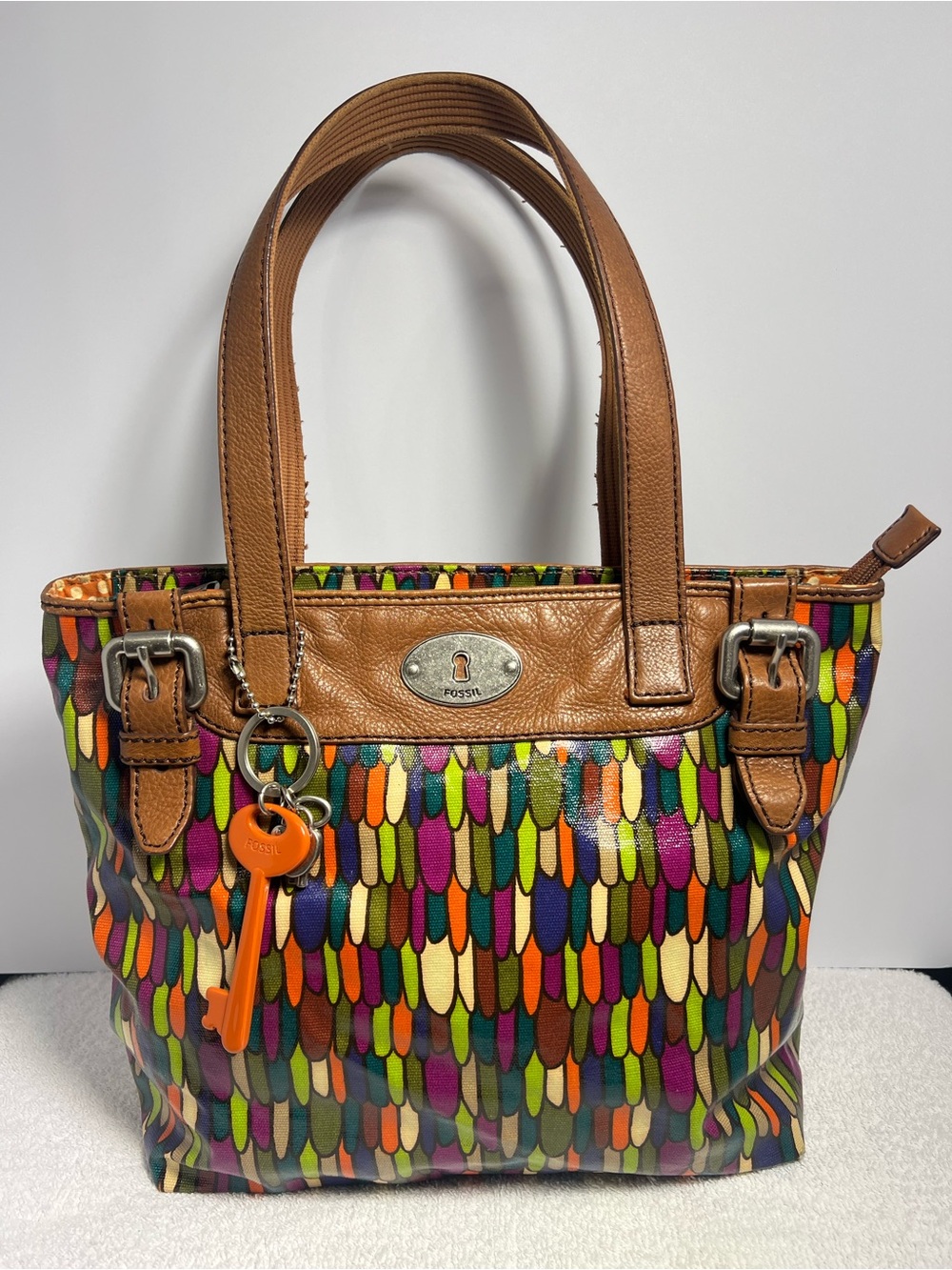 Fossil Key-Per Multicolor Womens Tote Bag Key Charm Coated Canvas Y2K Boho Purse